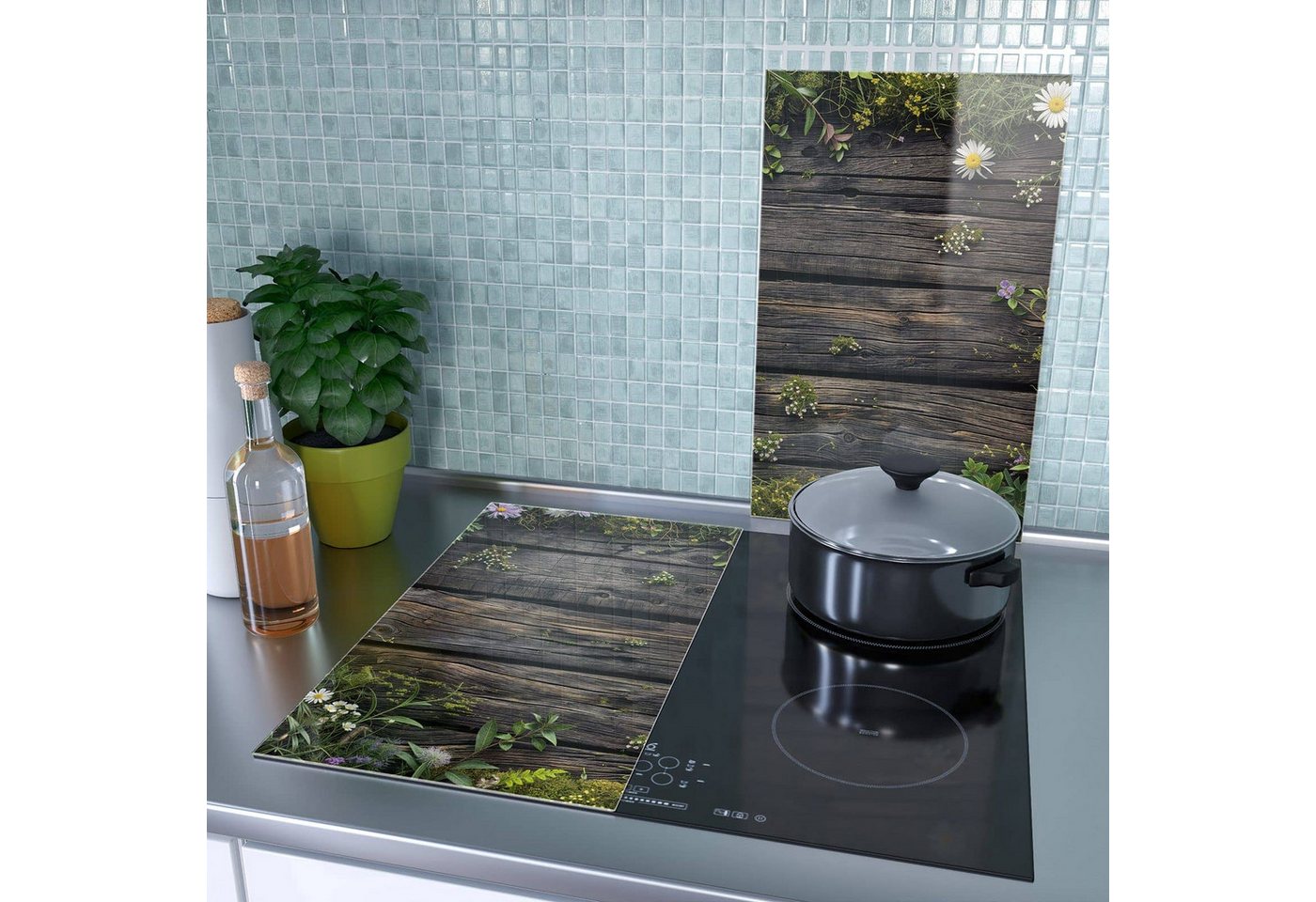 Primedeco Herd-Abdeckplatte Herdabdeckplatte Spritzschutz aus Glas Holz mit Blumen, Glas, (2 tlg) Bild 3