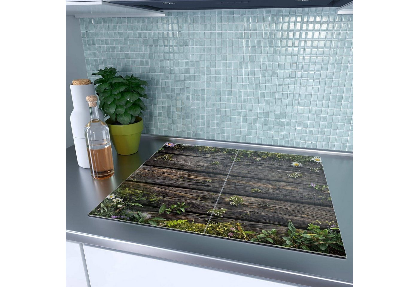 Primedeco Herd-Abdeckplatte Herdabdeckplatte Spritzschutz aus Glas Holz mit Blumen, Glas, (2 tlg) Bild 5