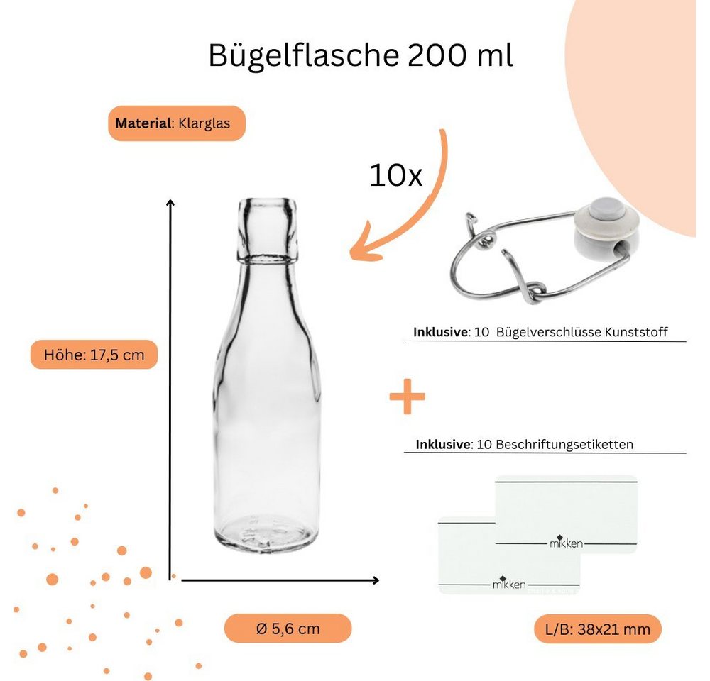 mikken Trinkflasche Set Bügelflaschen 200 ml Glasflaschen mit Bügelverschluss + Etiketten