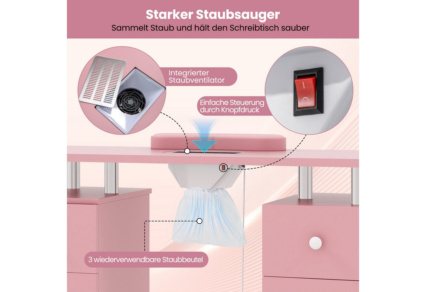 COSTWAY Maniküre-Pediküre-Set, Maniküretisch mit elektrischer Staubabsaugung Nageltisch Bild 3