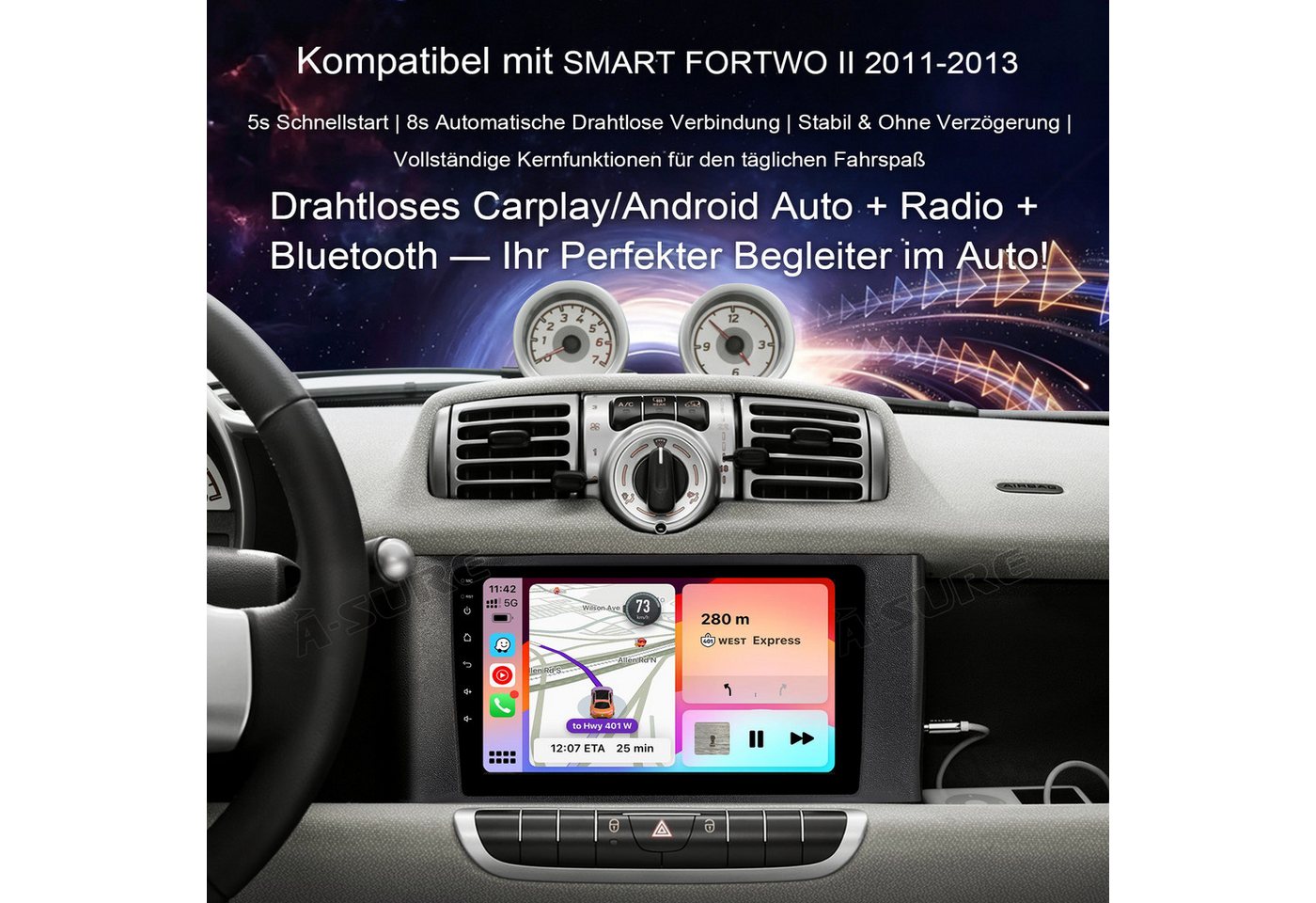 A-Sure 5s Schnellstart Carplay Android Auto Für Smart Fortwo 451 2011-2015 Autoradio (DSP, Android Auto, 5s Schnellstart, Linux, 1280*720 Screen, FM, Apple Carplay) Bild 2