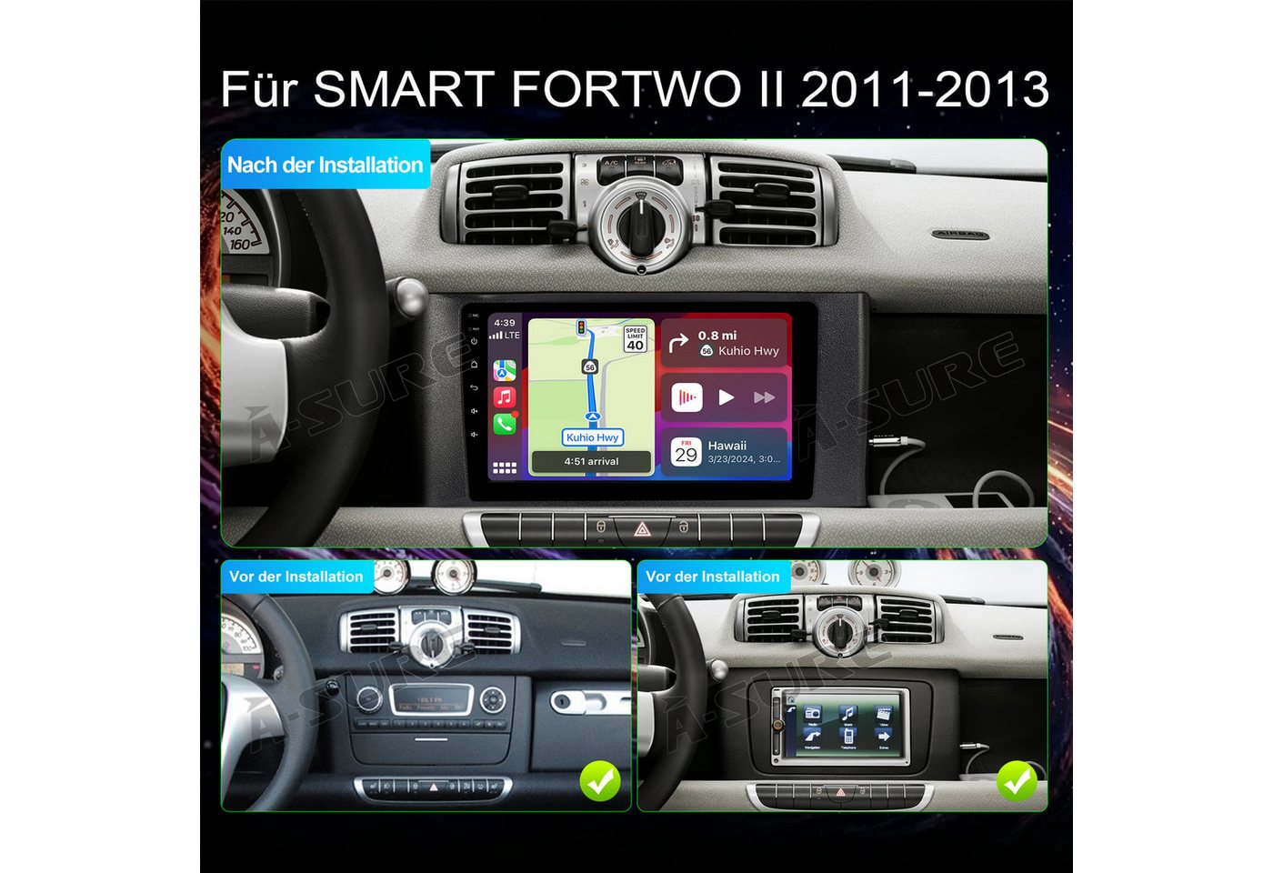 A-Sure 5s Schnellstart Carplay Android Auto Für Smart Fortwo 451 2011-2015 Autoradio (DSP, Android Auto, 5s Schnellstart, Linux, 1280*720 Screen, FM, Apple Carplay) Bild 4