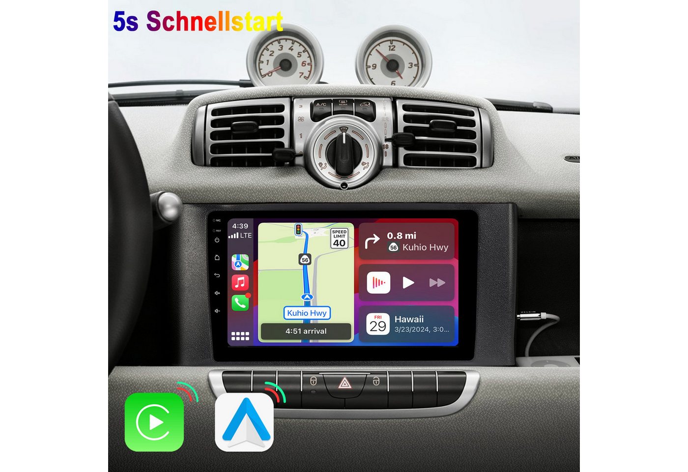A-Sure 5s Schnellstart Carplay Android Auto Für Smart Fortwo 451 2011-2015 Autoradio (DSP, Android Auto, 5s Schnellstart, Linux, 1280*720 Screen, FM, Apple Carplay) Bild 5