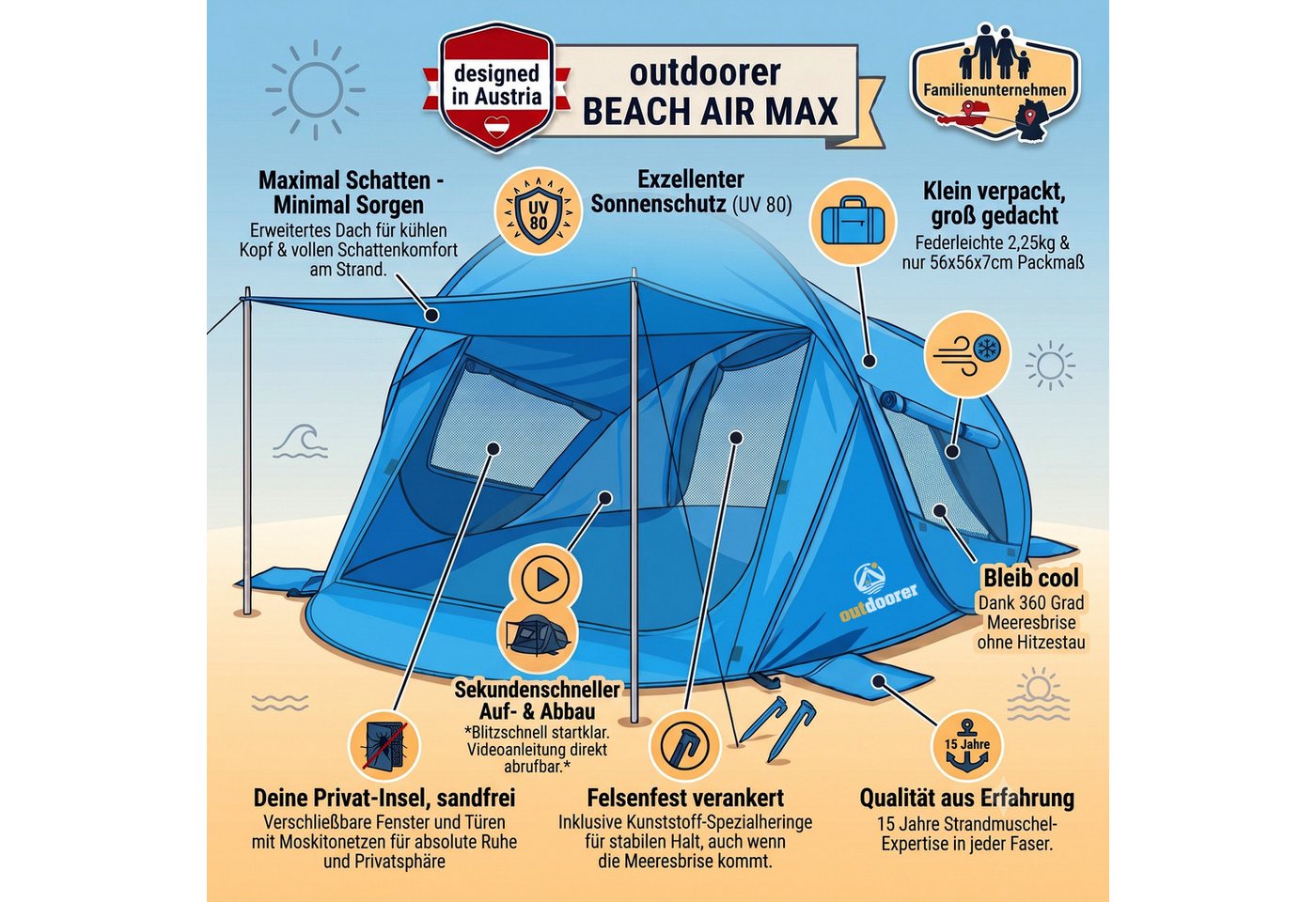 outdoorer Strandmuschel Pop-Up Beach Air Max mit UV 80-Sonnenschutz, Vordach & Belüftung, Personen: 4, verschließbare XXL-Strandmuschel mit kleinem Packmaß, koffergeeignet