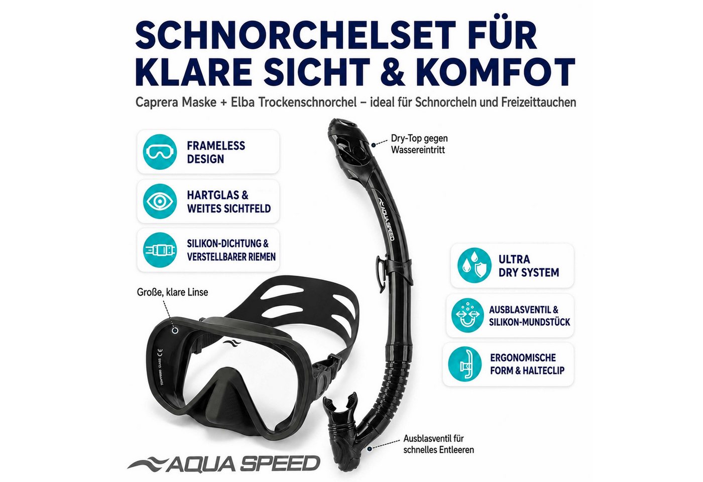 Aqua Speed Schnorchel Carprera & Elba Tauchmaske und Schnorchel Set, Taucher Set (Schwimmmaske mit gehärtetem Glas), Taucherbrille Stoffband Einzellinse Bild 2