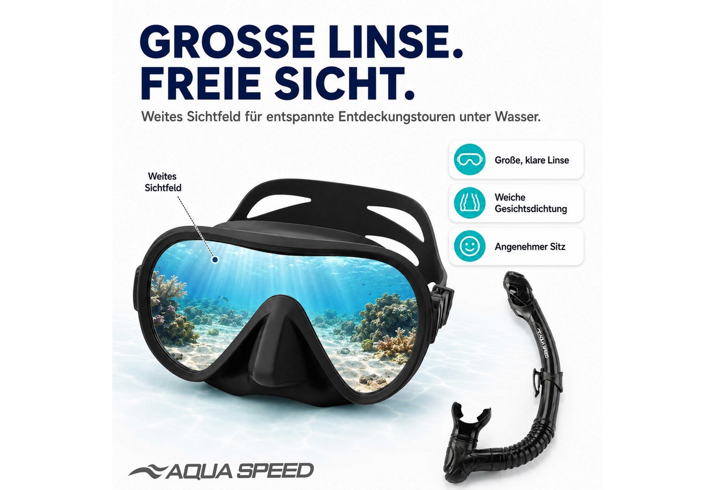 Aqua Speed Schnorchel Carprera & Elba Tauchmaske und Schnorchel Set, Taucher Set (Schwimmmaske mit gehärtetem Glas), Taucherbrille Stoffband Einzellinse Bild 3