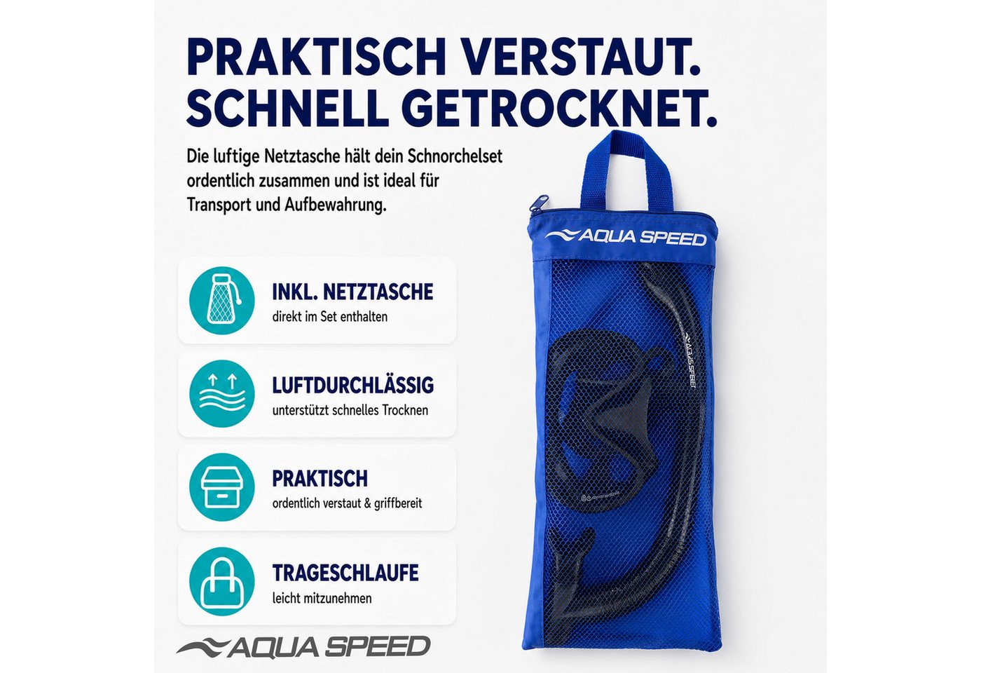 Aqua Speed Schnorchel Carprera & Elba Tauchmaske und Schnorchel Set, Taucher Set (Schwimmmaske mit gehärtetem Glas), Taucherbrille Stoffband Einzellinse Bild 4