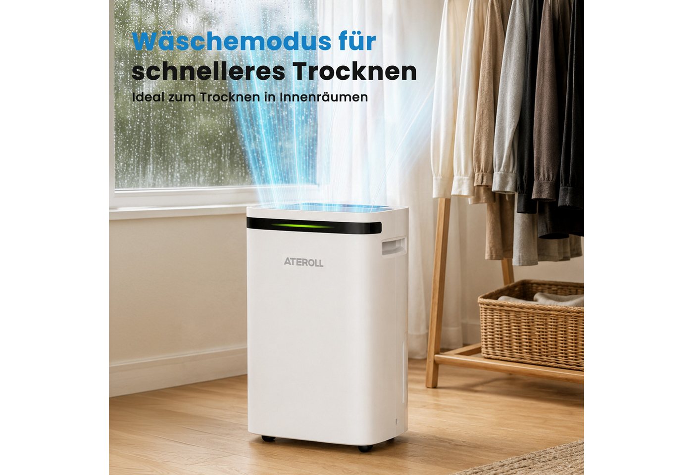 ATEROLL Luftentfeuchter Elektrisch 20L,3 Modi,Leise, - Ideal für die Wohnung & Schlafzimmer, für 180 m³ Räume, Entfeuchtung 20 l/Tag, Tank 2,5 l, Raumentfeuchter Trockner mit 24 Timer,LED Licht,und 360°-Rollen Bild 3