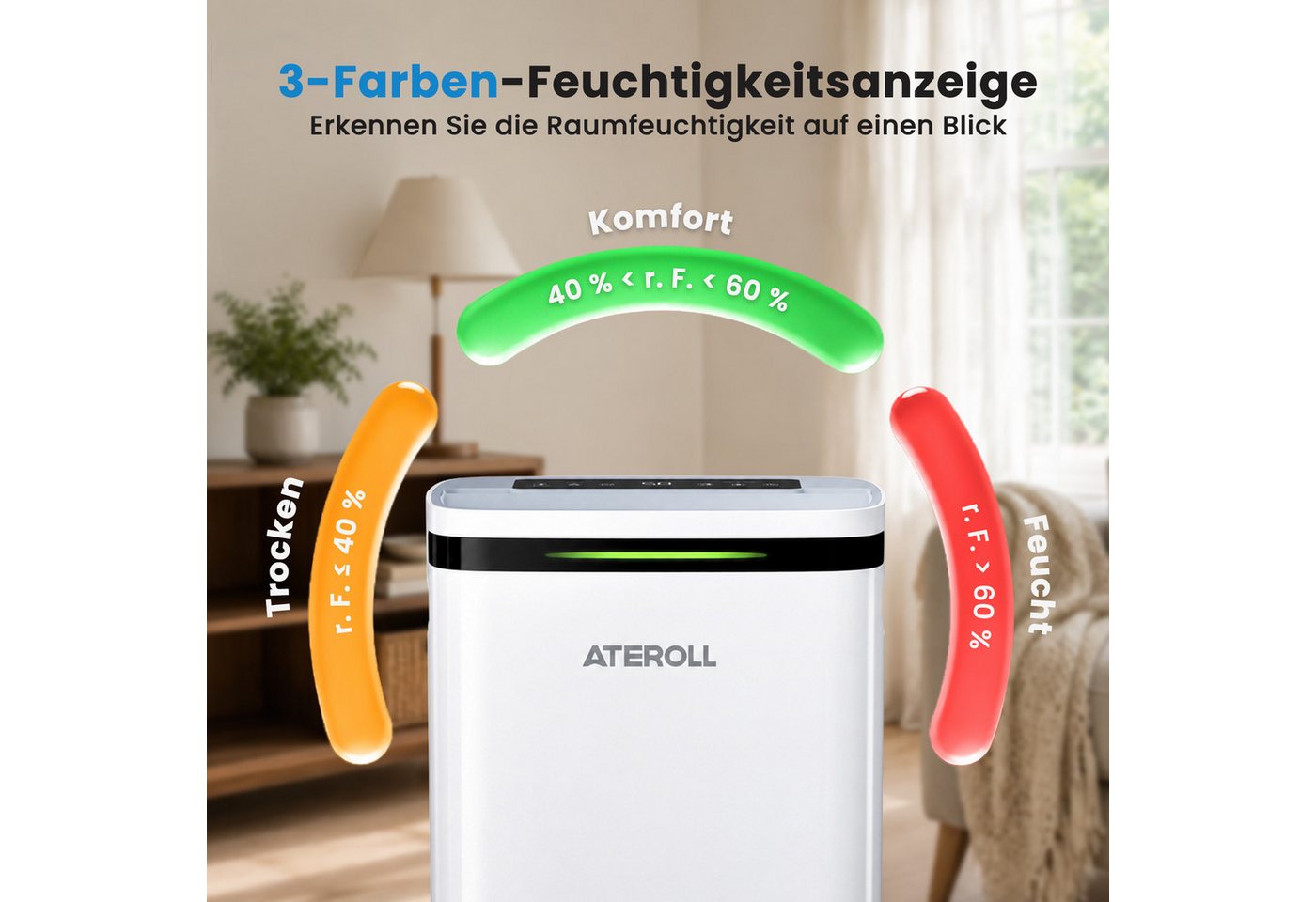 ATEROLL Luftentfeuchter Elektrisch 20L,3 Modi,Leise, - Ideal für die Wohnung & Schlafzimmer, für 180 m³ Räume, Entfeuchtung 20 l/Tag, Tank 2,5 l, Raumentfeuchter Trockner mit 24 Timer,LED Licht,und 360°-Rollen Bild 4