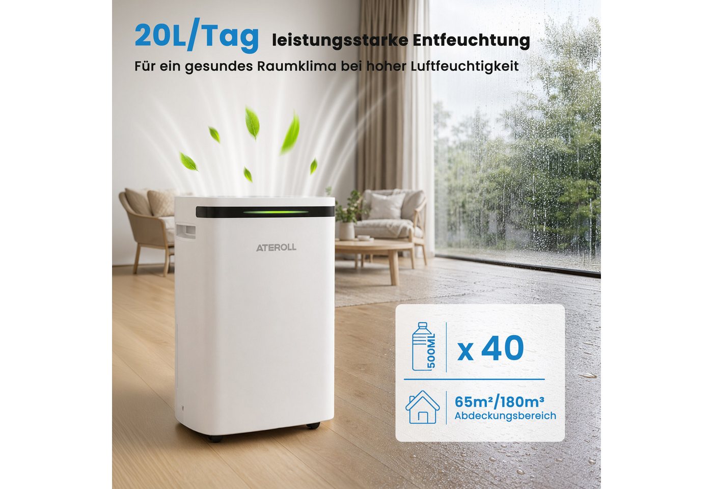 ATEROLL Luftentfeuchter Elektrisch 20L,3 Modi,Leise, - Ideal für die Wohnung & Schlafzimmer, für 180 m³ Räume, Entfeuchtung 20 l/Tag, Tank 2,5 l, Raumentfeuchter Trockner mit 24 Timer,LED Licht,und 360°-Rollen Bild 5