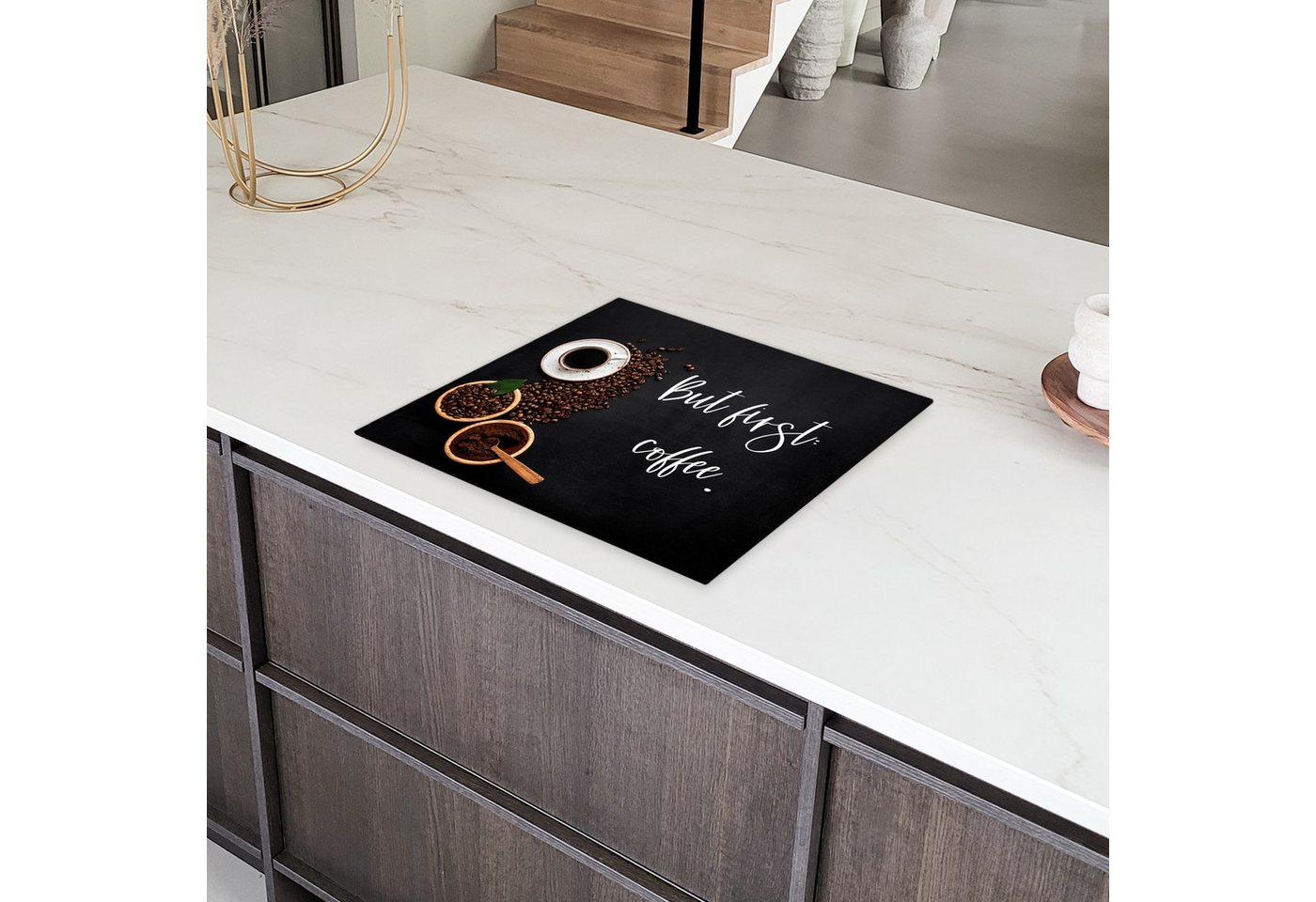 MuchoWow Herd-Abdeckplatte Zitate - Kaffee - Sprichwörter - Aber erst der Kaffee, Vinyl, (1 tlg), Abdeckplatte für Ceranfeld, Herd Inductionsmatte, 57.6x51.6 cm