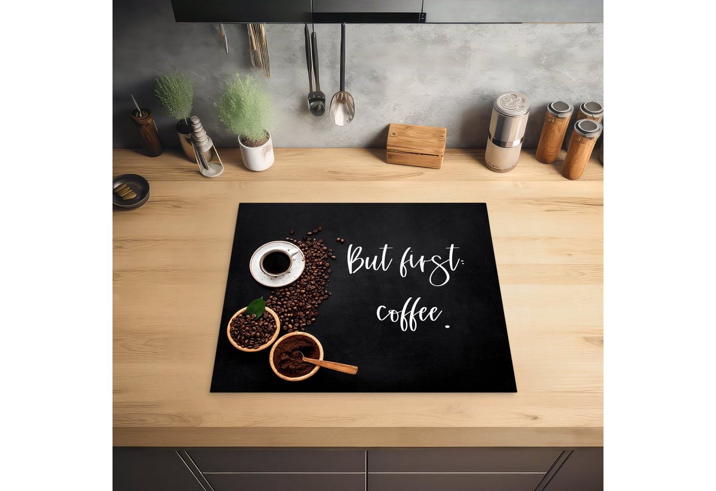 MuchoWow Herd-Abdeckplatte Zitate - Kaffee - Sprichwörter - Aber erst der Kaffee, Vinyl, (1 tlg), Abdeckplatte für Ceranfeld, Herd Inductionsmatte, 57.6x51.6 cm Bild 2