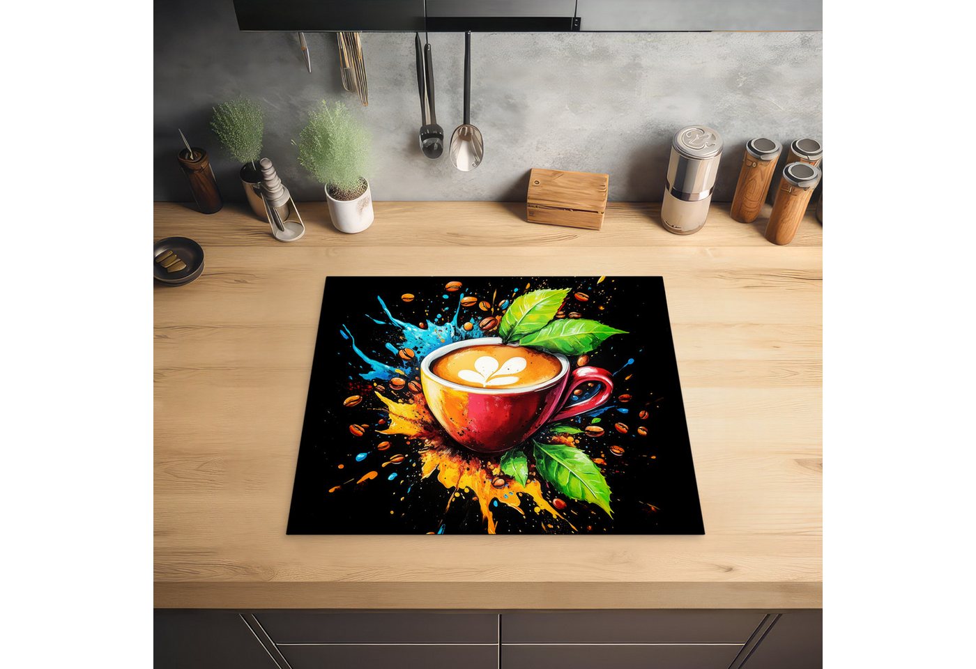 MuchoWow Herd-Abdeckplatte Kaffee - Graffiti - Trinken - Abstrakt, Vinyl, (1 tlg), Küche Herdabdeckplatte Ceranfeld Vinyl Einteilig, 59x52 cm Bild 4