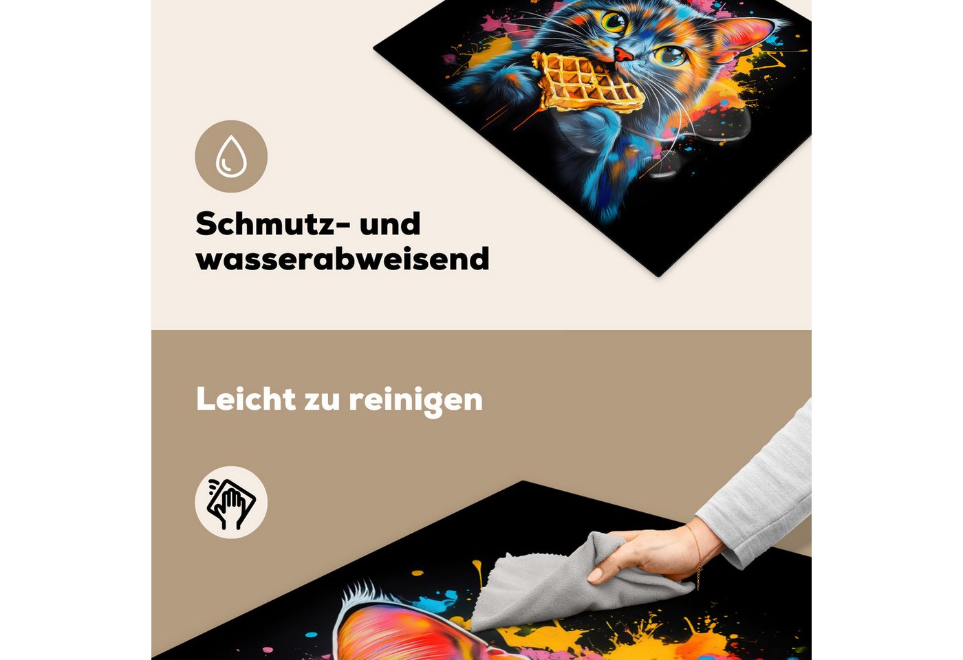 MuchoWow Herd-Abdeckplatte Katze - Graffiti - Bunt - Waffel - Essen, Vinyl, (1 tlg), Herdabdeckplatten für Ceranfeld, Induktionsschutz, 65x55 cm