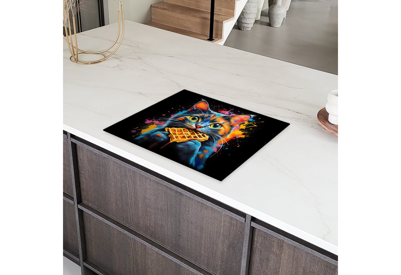 MuchoWow Herd-Abdeckplatte Katze - Graffiti - Bunt - Waffel - Essen, Vinyl, (1 tlg), Herdabdeckplatten für Ceranfeld, Induktionsschutz, 65x55 cm Bild 3