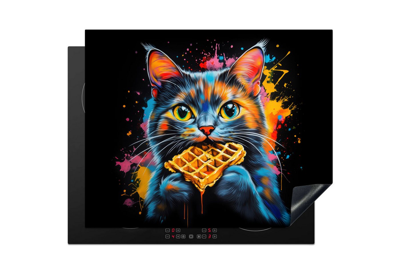 MuchoWow Herd-Abdeckplatte Katze - Graffiti - Bunt - Waffel - Essen, Vinyl, (1 tlg), Herdabdeckplatten für Ceranfeld, Induktionsschutz, 65x55 cm Bild 4
