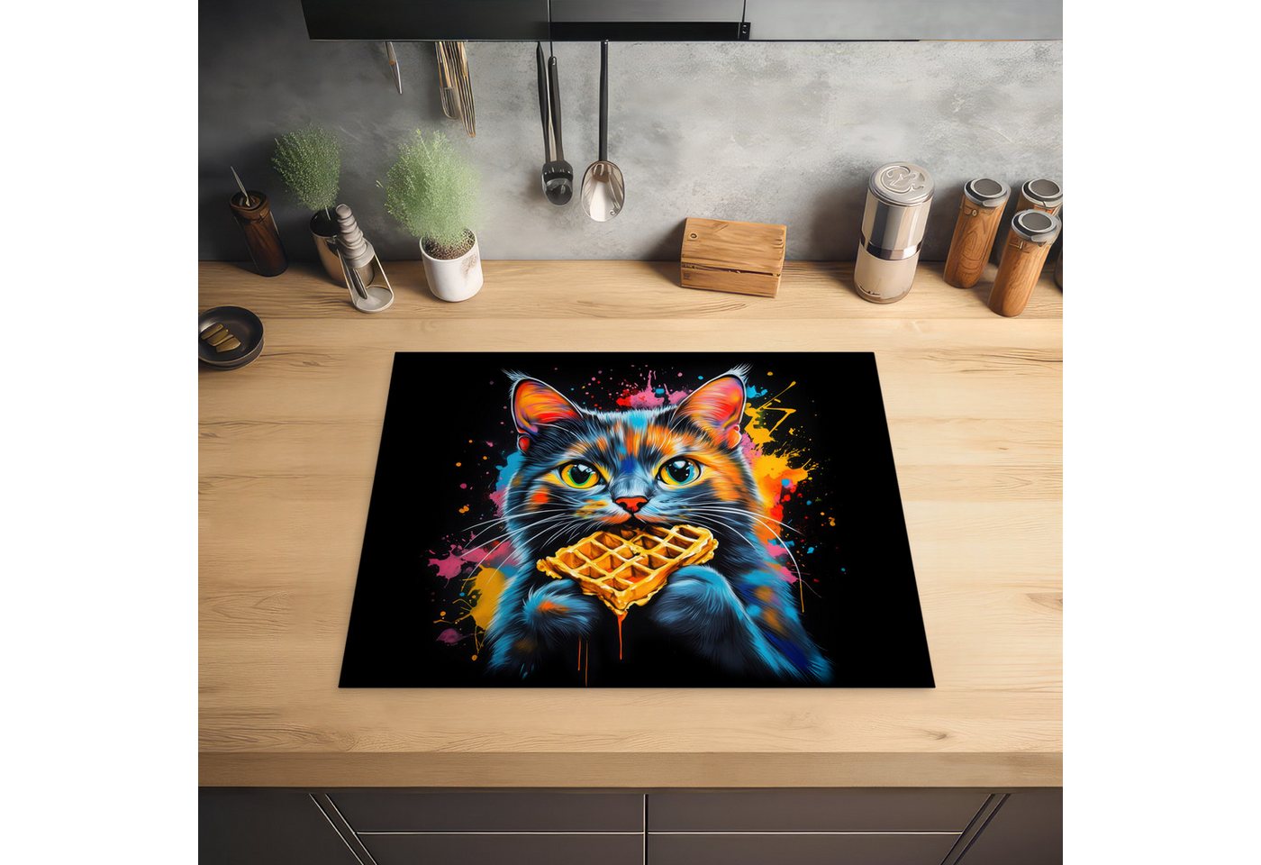 MuchoWow Herd-Abdeckplatte Katze - Graffiti - Bunt - Waffel - Essen, Vinyl, (1 tlg), Herdabdeckplatten für Ceranfeld, Induktionsschutz, 65x55 cm Bild 5