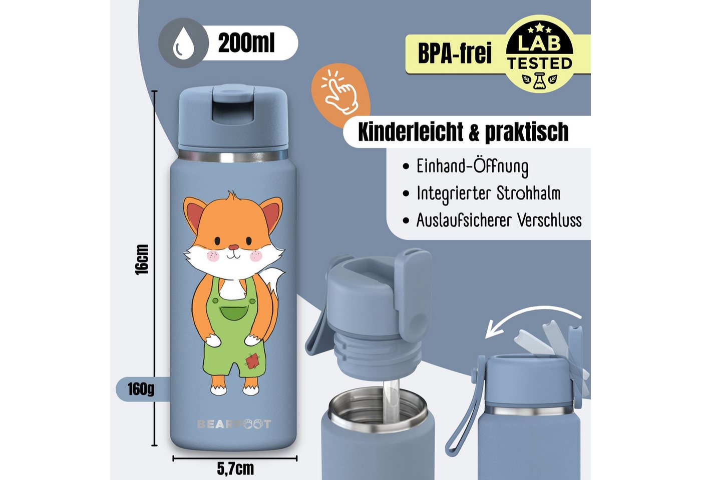BEARFOOT Trinkflasche TINY Thermo Kinder Trinkflasche Edelstahl - Fuchs, Thermosflasche, auslaufsicher, Edelstahl, Kinderflasche, BPA-frei Bild 5