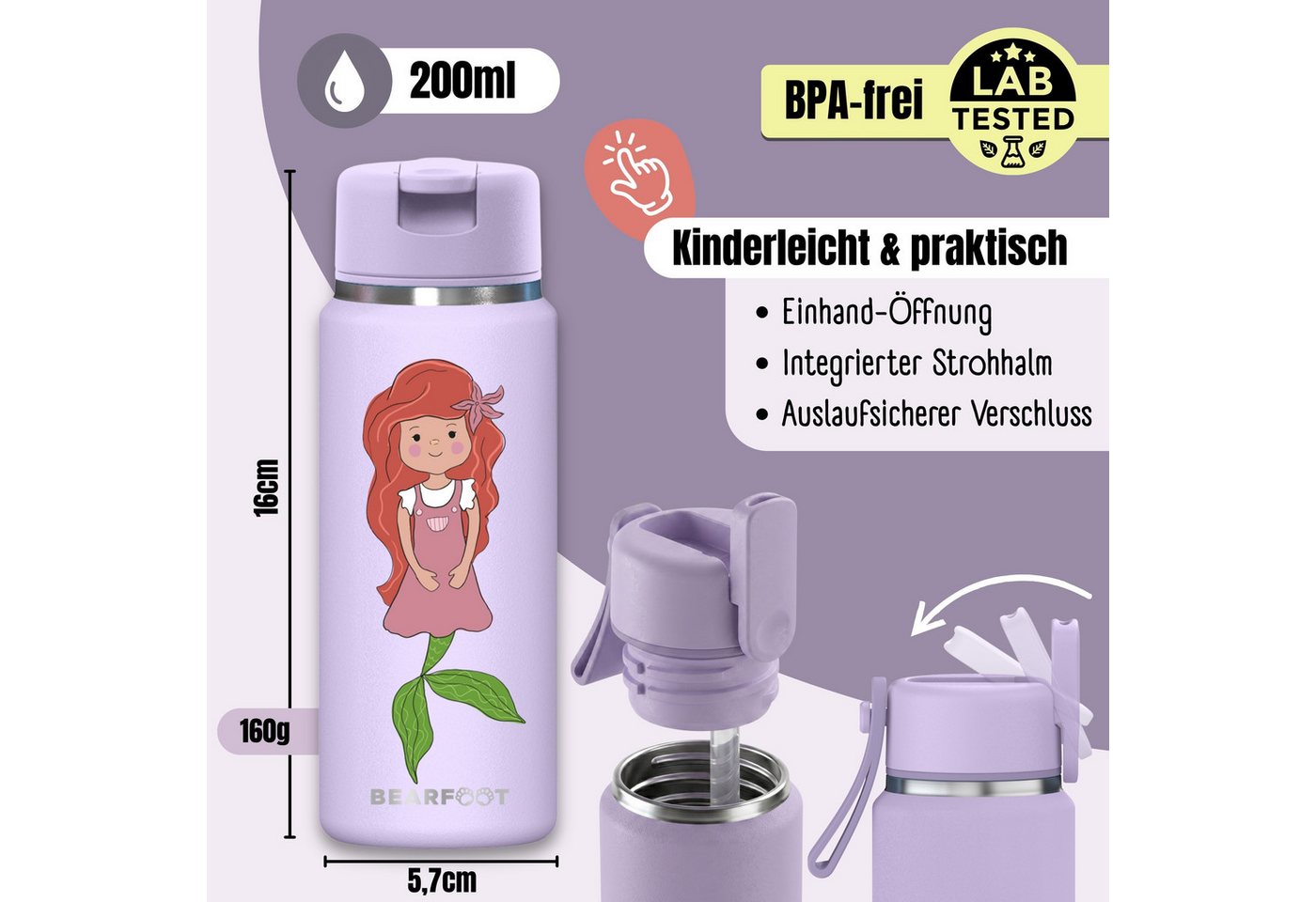 BEARFOOT Trinkflasche TINY Thermo Kinder Trinkflasche Edelstahl - Meerjungfrau, Thermosflasche, auslaufsicher, Edelstahl, Kinderflasche, BPA-frei Bild 5