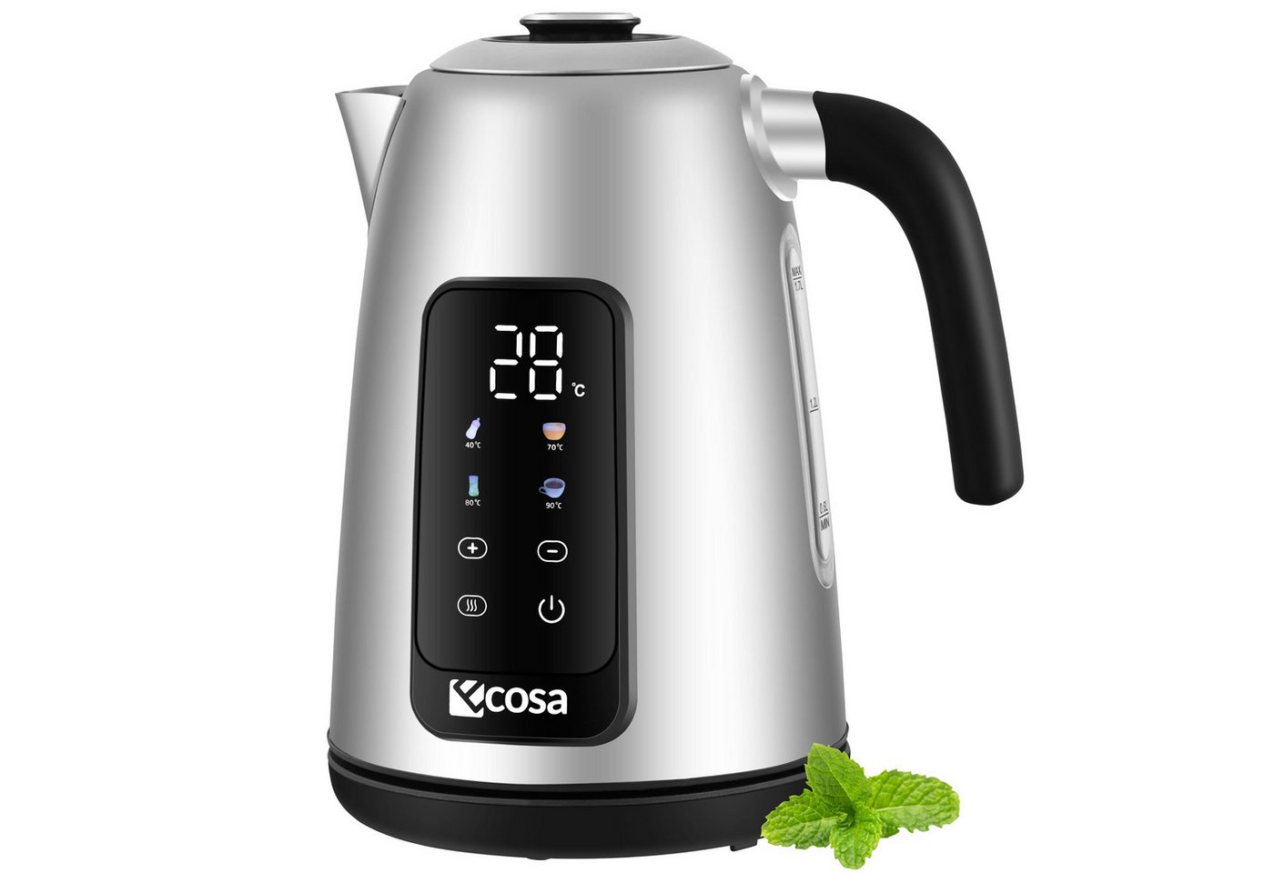 ecosa Wasserkocher EO-630, 1.7 l, 2200 W, Großes digitales Farb-Touchdisplay mit Sensortasten