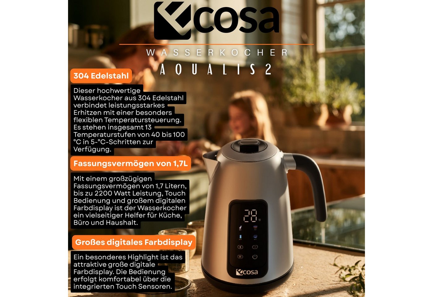 ecosa Wasserkocher EO-630, 1.7 l, 2200 W, Großes digitales Farb-Touchdisplay mit Sensortasten Bild 3