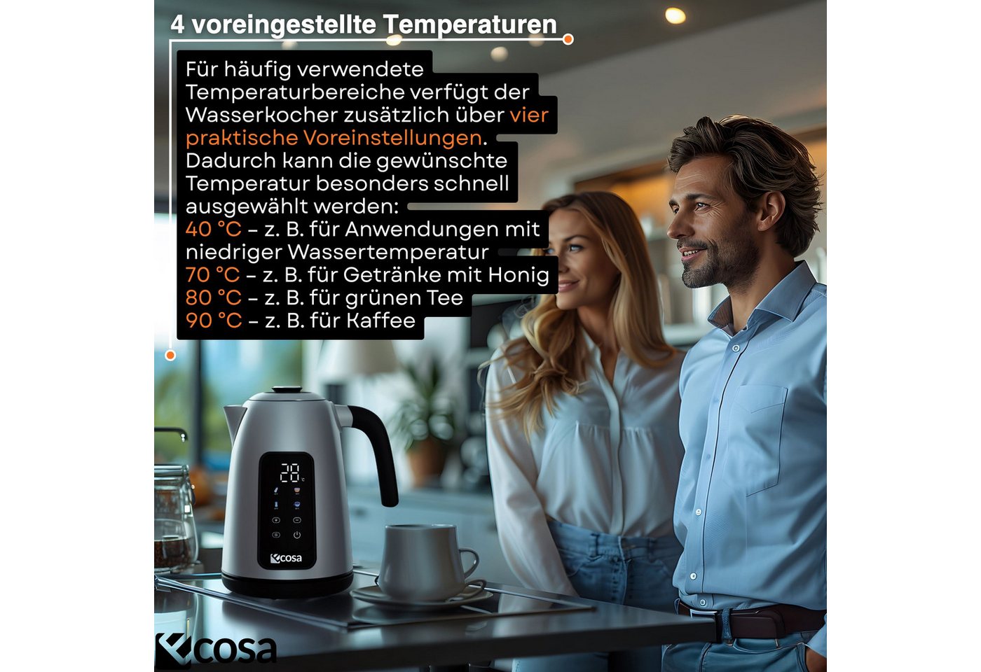 ecosa Wasserkocher EO-630, 1.7 l, 2200 W, Großes digitales Farb-Touchdisplay mit Sensortasten Bild 4