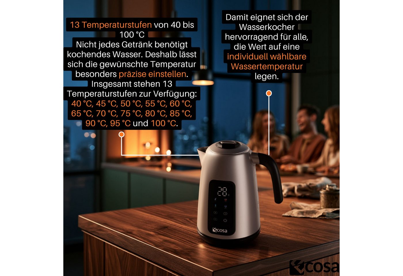 ecosa Wasserkocher EO-630, 1.7 l, 2200 W, Großes digitales Farb-Touchdisplay mit Sensortasten Bild 5