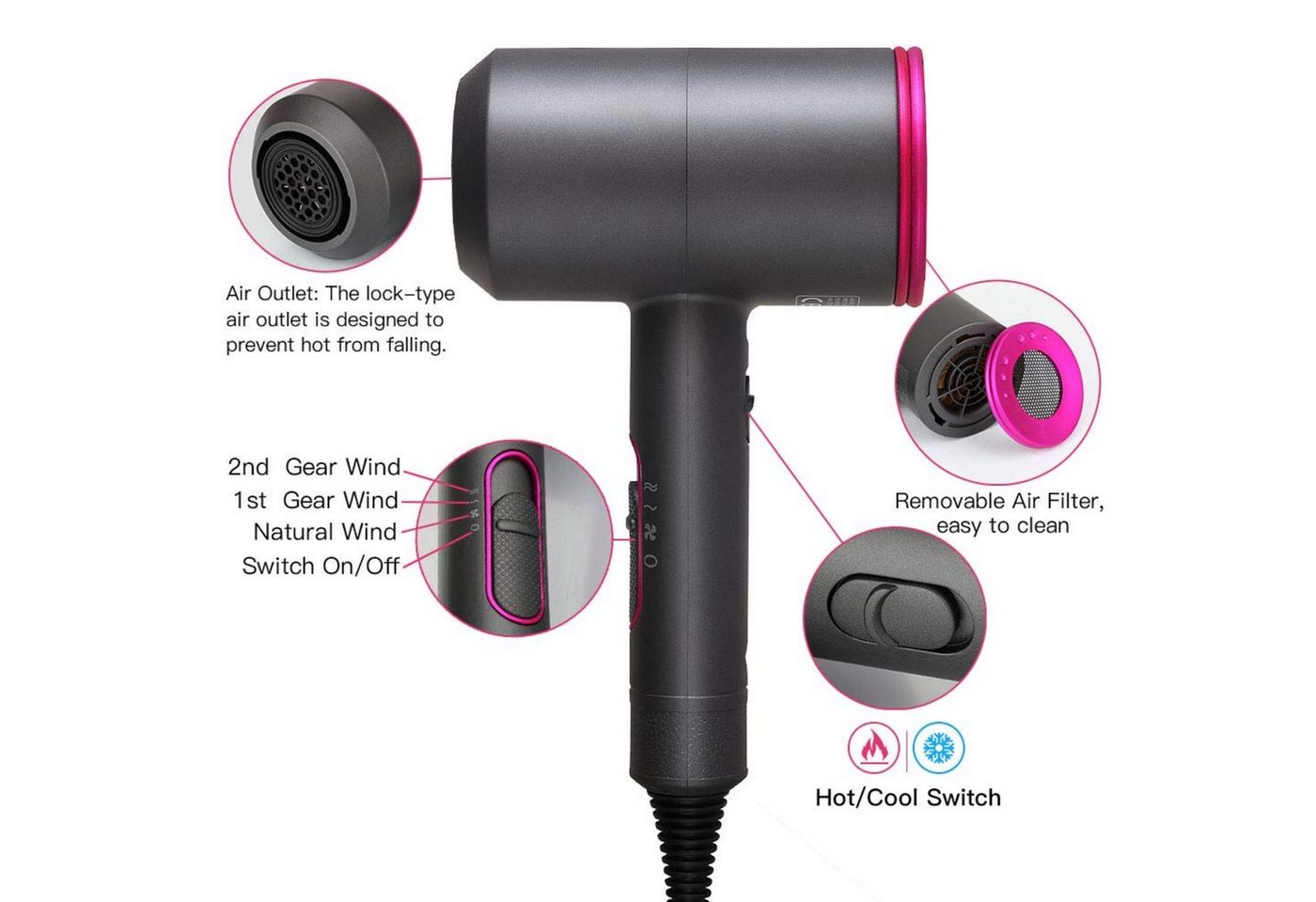 Lalano`S Cosmetics Haartrockner Ionic Volumizer Hair Dryer Warmluftbürste 3 in 1 Hairstylist, 2000,00 W, AC-Motor Bild 4