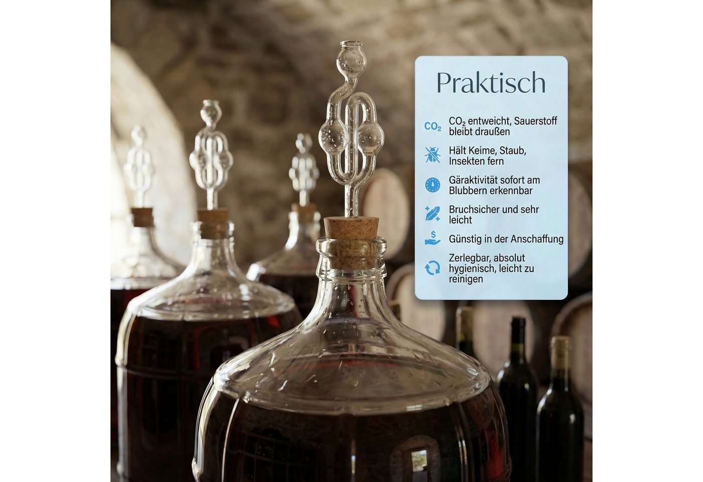 Lantelme Weinthermometer 3 Gärröhrchen Glas 20cm Gärspund für Bier Wein Most Herstellung, 3 Stück Gärrohr Set, Deutsche Herstellung, für Gummistopfen, Gärkappen mit 9mmBohrung Bild 3