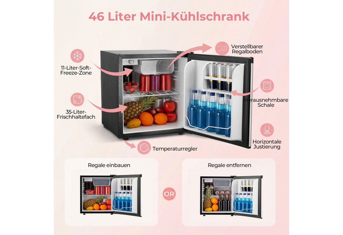 FOHERE Table Top Kühlschrank 46L Mini-Kühlschrank, Bier Hausbar Getränkekühlschrank Hotel, Silber BC-46, 50 cm hoch, 49.53 cm breit Bild 4