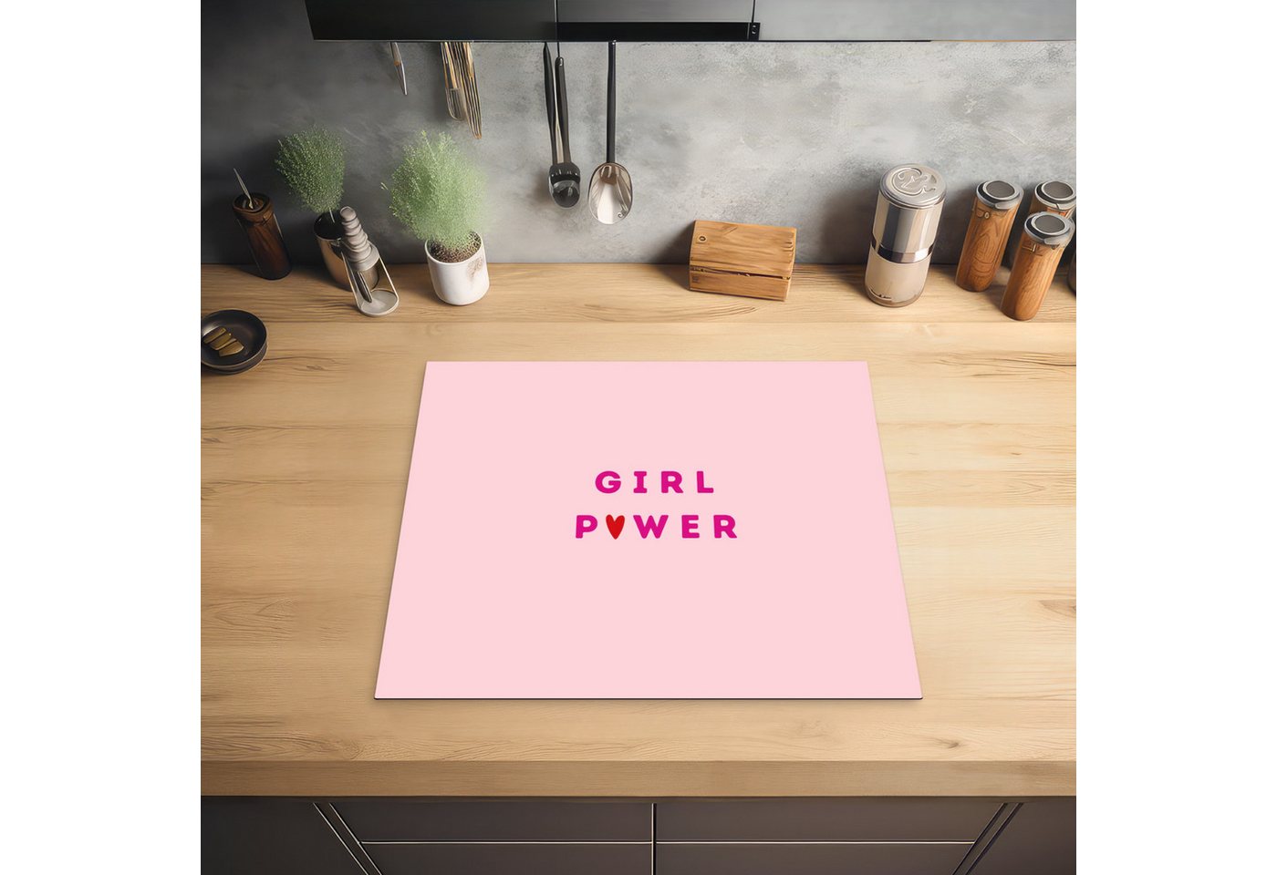 MuchoWow Herd-Abdeckplatte Girl-Power - Rosa - Herz, Vinyl, (1 tlg), Ceranfeldabdeckung Küche, Herdabdeckplatte Einteilig, 60x52 cm