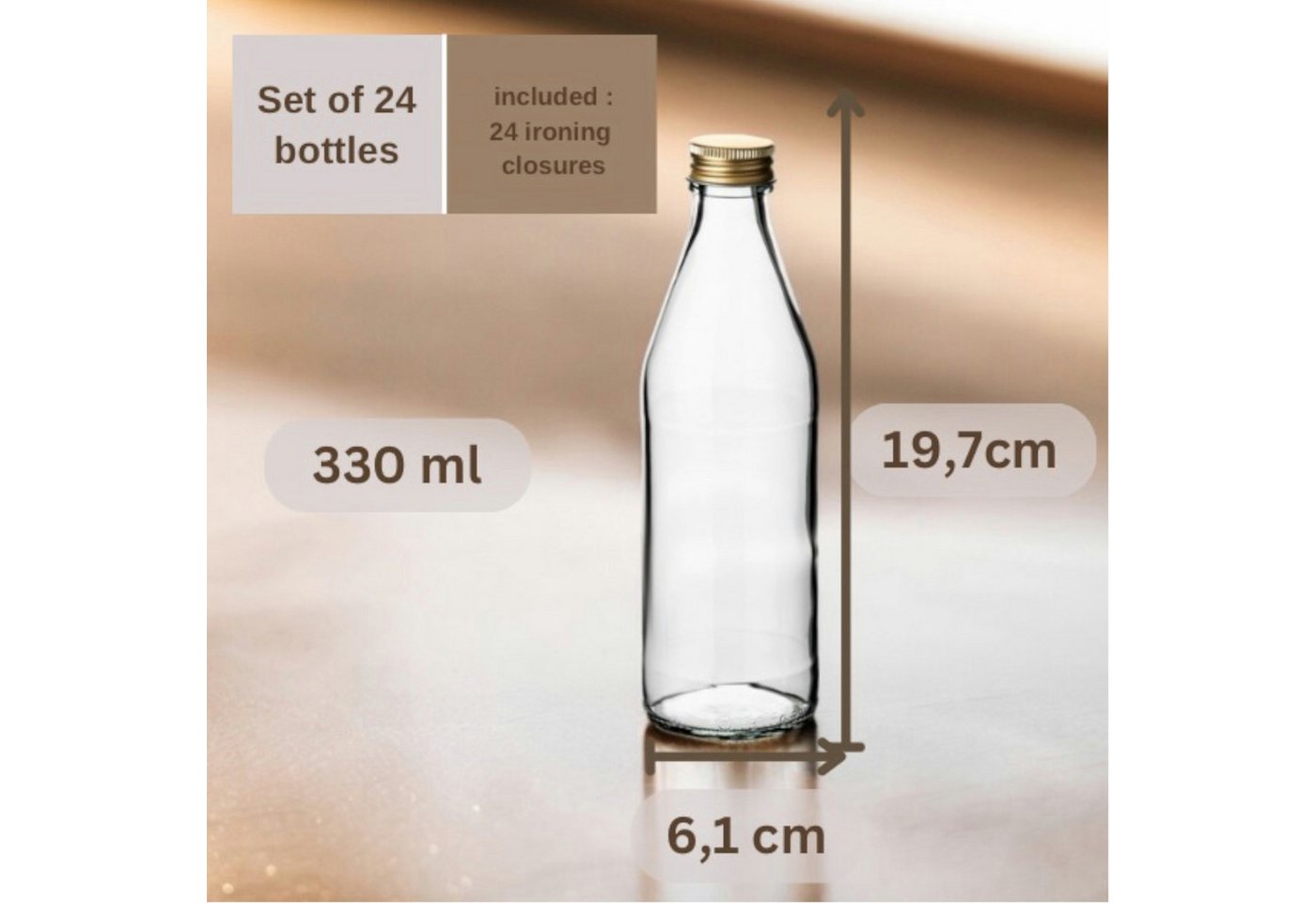 gouveo Trinkflasche Glasflasche Retro 330 ml mit Schraubverschluss zum Befüllen, 24 Stück, goldfarben Bild 5