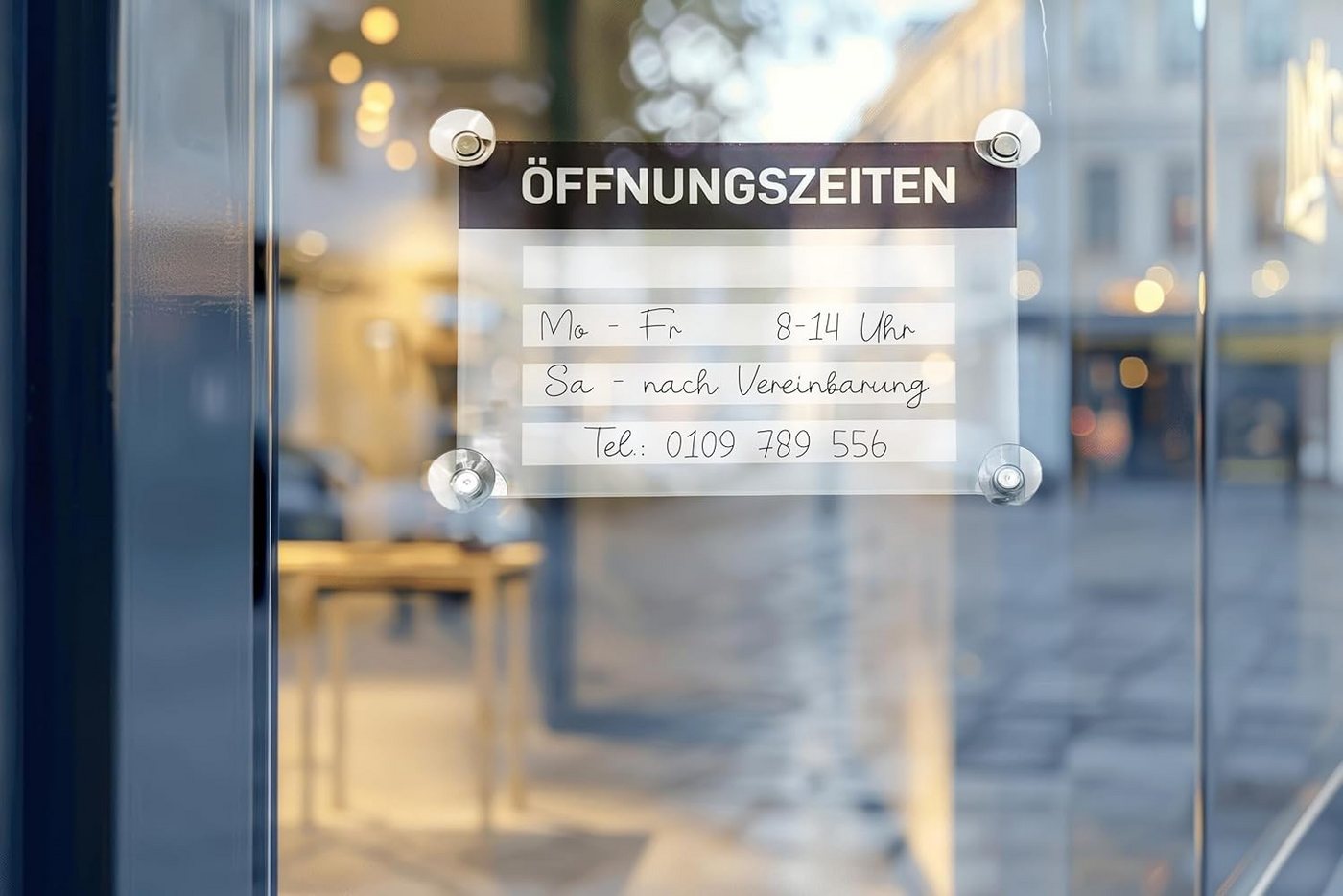 codiarts.® Hinweisschild codiarts. Öffnungszeiten-Schild mit Saugnäpfen (19x27cm), zum Beschriften, mit Saugnäpfen