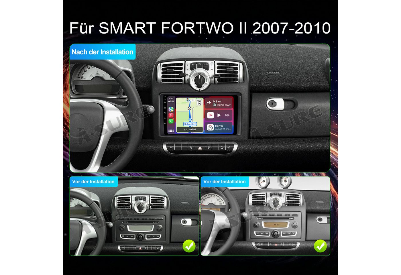 A-Sure Apple Carplay Android Auto Navi DSP Für Smart Fortwo 451 2005-2010 Autoradio (5s Schnellstart/1280*720 Screen/Apple Carplay/Android Auto/Bluetooth) Bild 4
