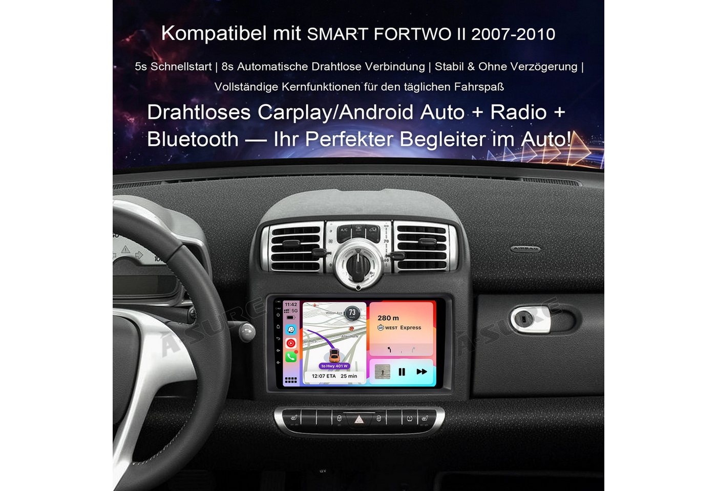 A-Sure Apple Carplay Android Auto Navi DSP Für Smart Fortwo 451 2005-2010 Autoradio (5s Schnellstart/1280*720 Screen/Apple Carplay/Android Auto/Bluetooth) Bild 5