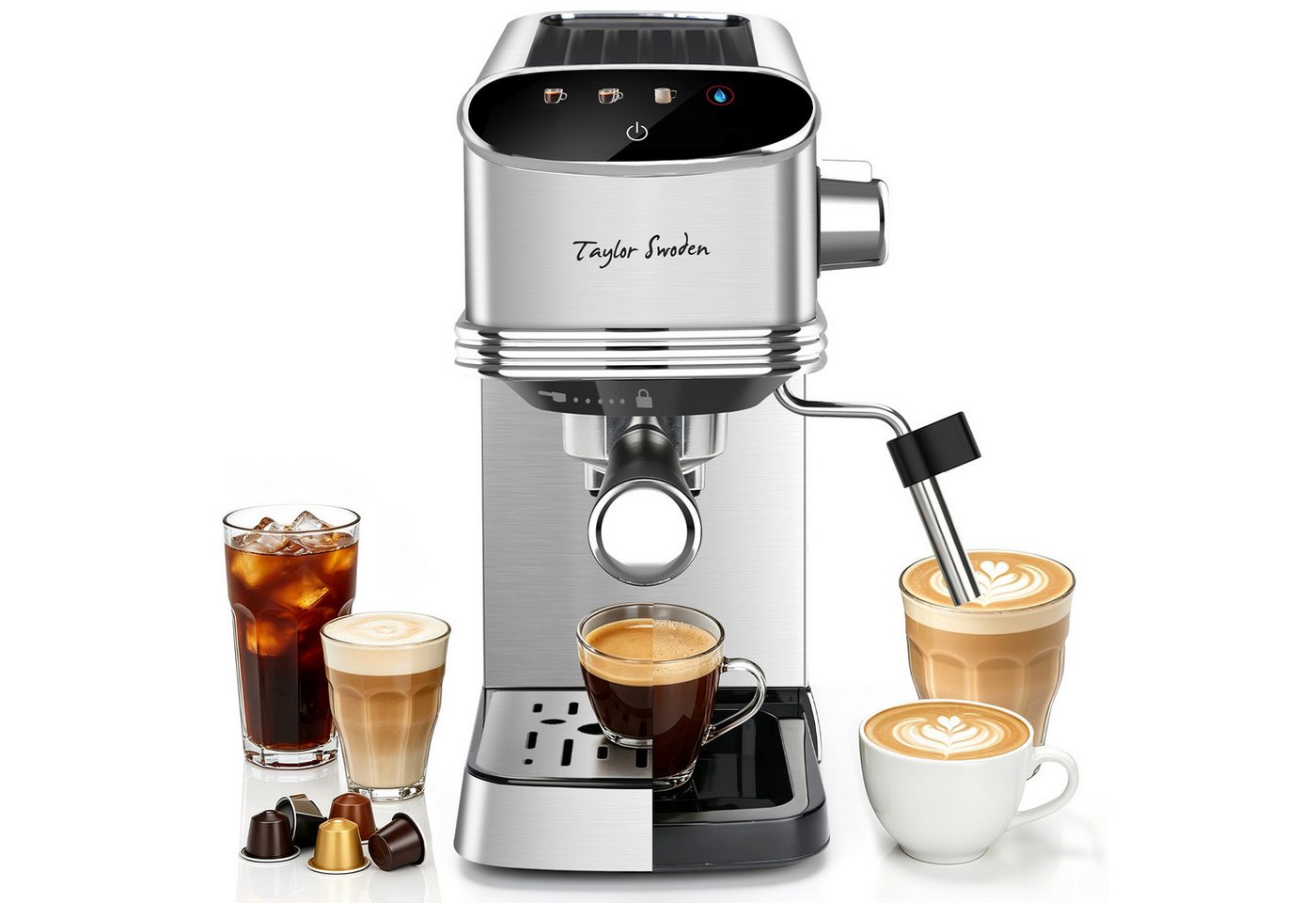 Taylor Swoden Espressomaschine Siebträgermaschine 20 Bar für Pulver & Kapseln, 2 in 1 Kompakte Edelstahl Kapsel Kaffeemaschine mit 1,35L Tank