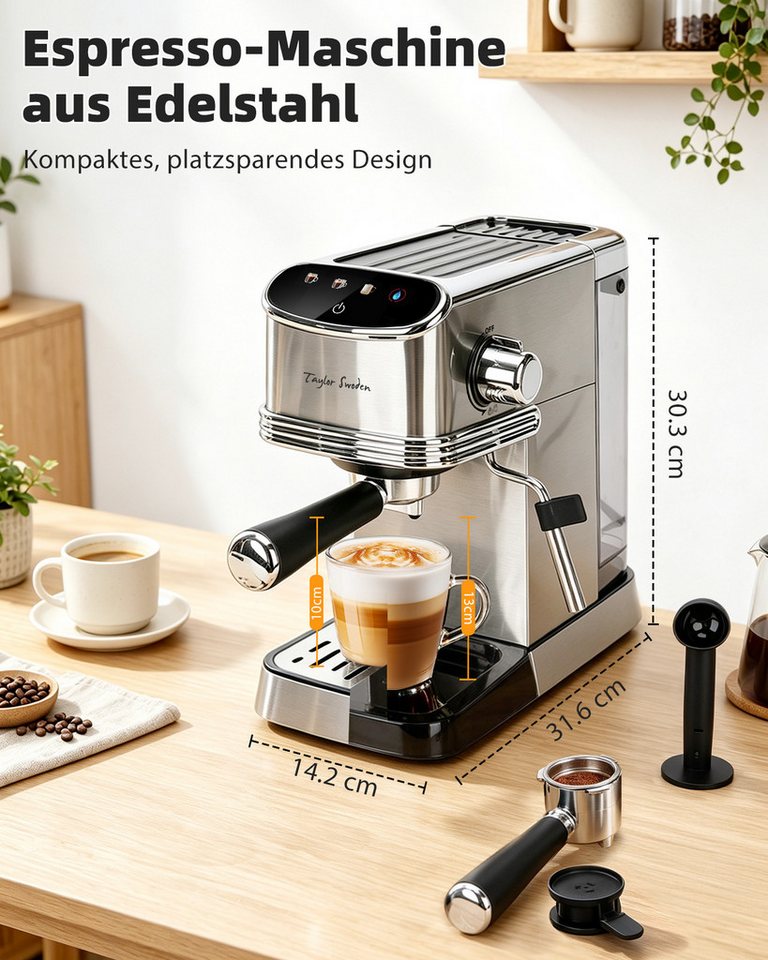 Taylor Swoden Espressomaschine Siebträgermaschine 20 Bar für Pulver & Kapseln, 2 in 1 Kompakte Edelstahl Kapsel Kaffeemaschine mit 1,35L Tank Bild 2