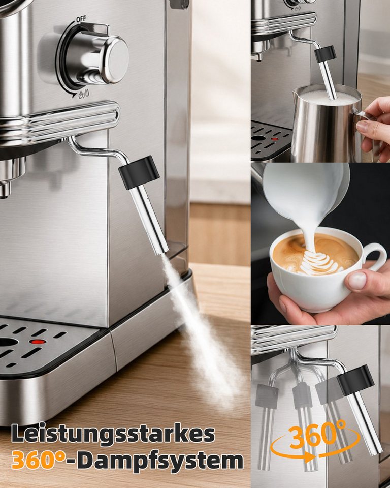 Taylor Swoden Espressomaschine Siebträgermaschine 20 Bar für Pulver & Kapseln, 2 in 1 Kompakte Edelstahl Kapsel Kaffeemaschine mit 1,35L Tank Bild 5