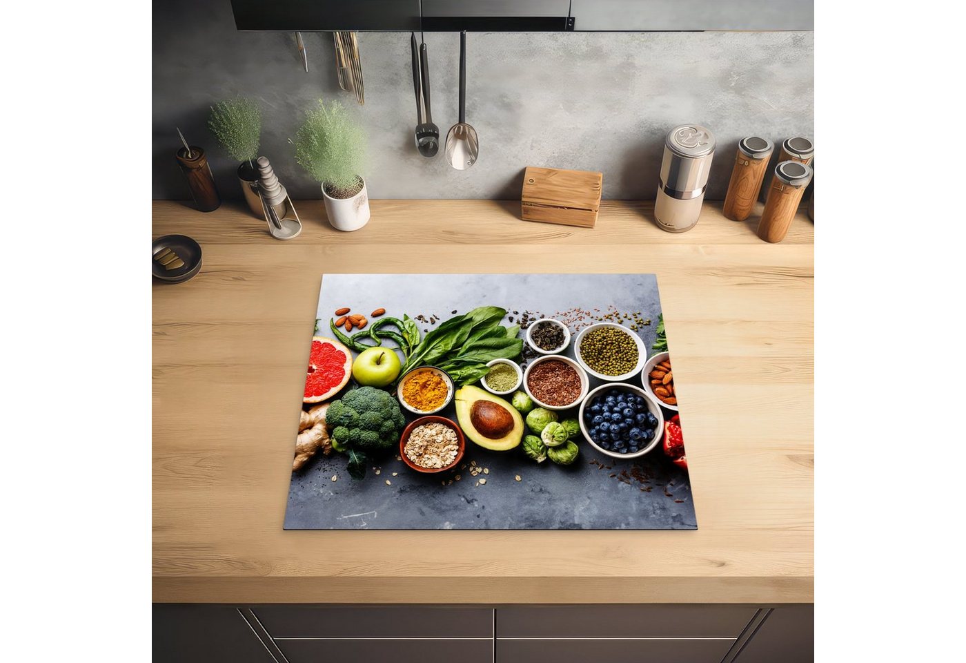 MuchoWow Herd-Abdeckplatte Obst - Beton - Gemüse, Vinyl, (1 tlg), Ceranfeldabdeckung Küche, Herdabdeckplatte Einteilig, 60x52 cm