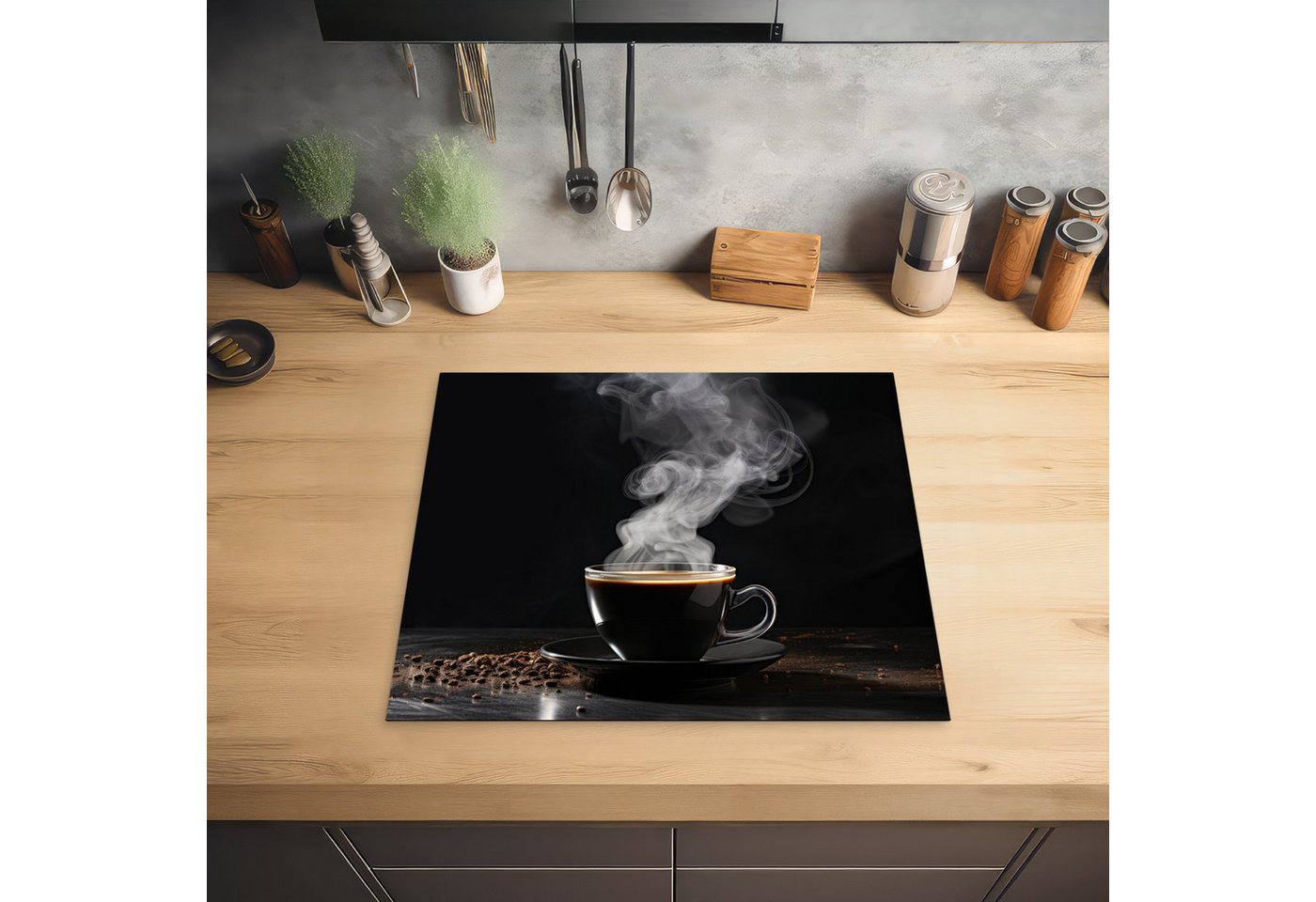 MuchoWow Herd-Abdeckplatte Schwarz - Kaffee, Vinyl, (1 tlg), Ceranfeldabdeckung Küche, Herdabdeckplatte Einteilig, 60x52 cm