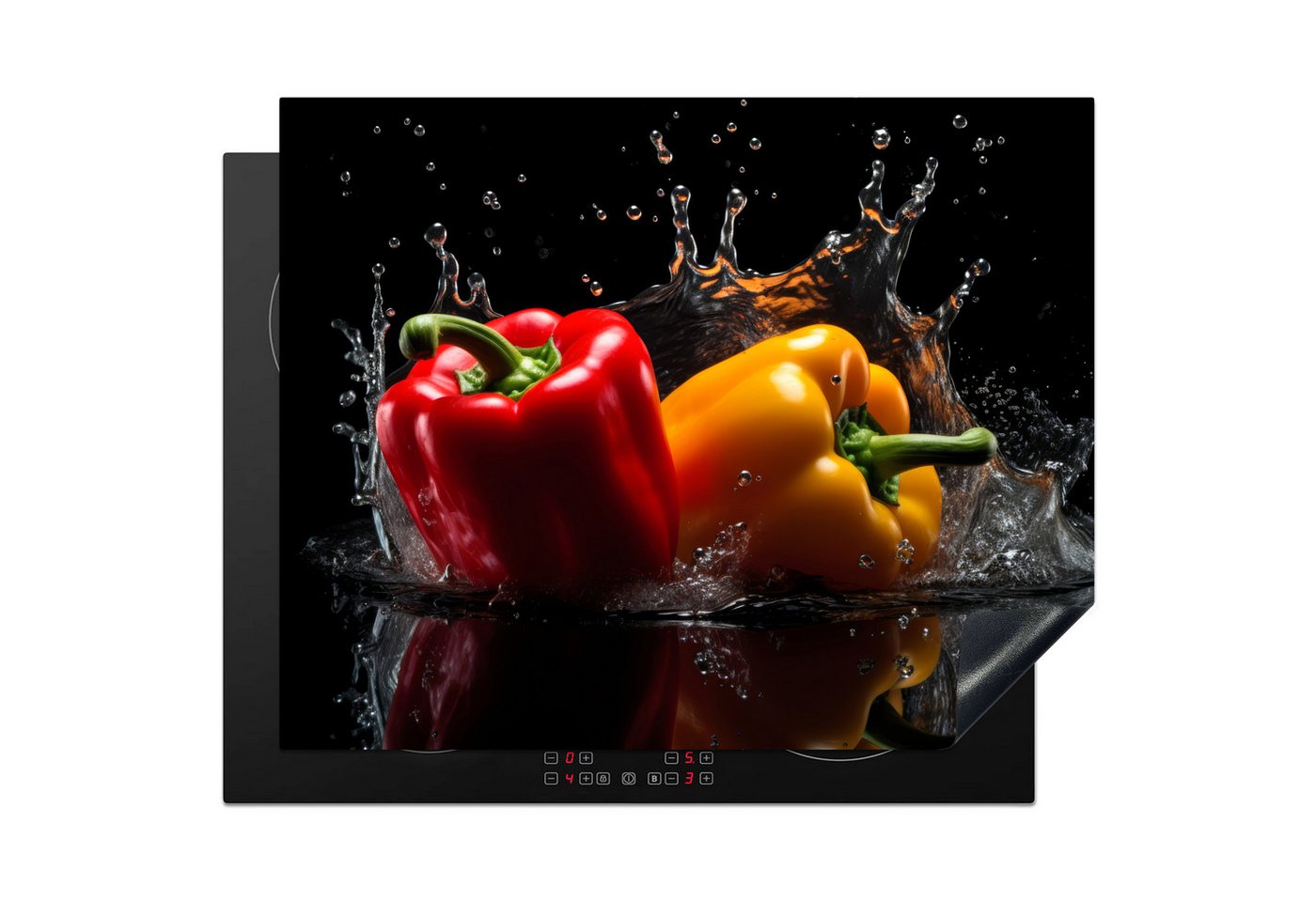 MuchoWow Herd-Abdeckplatte Paprika - Wasser - Schwarz - Gemüse - Rot - Gelb, Vinyl, (1 tlg), Herdabdeckplatten für Ceranfeld, Induktionsschutz, 65x55 cm Bild 2