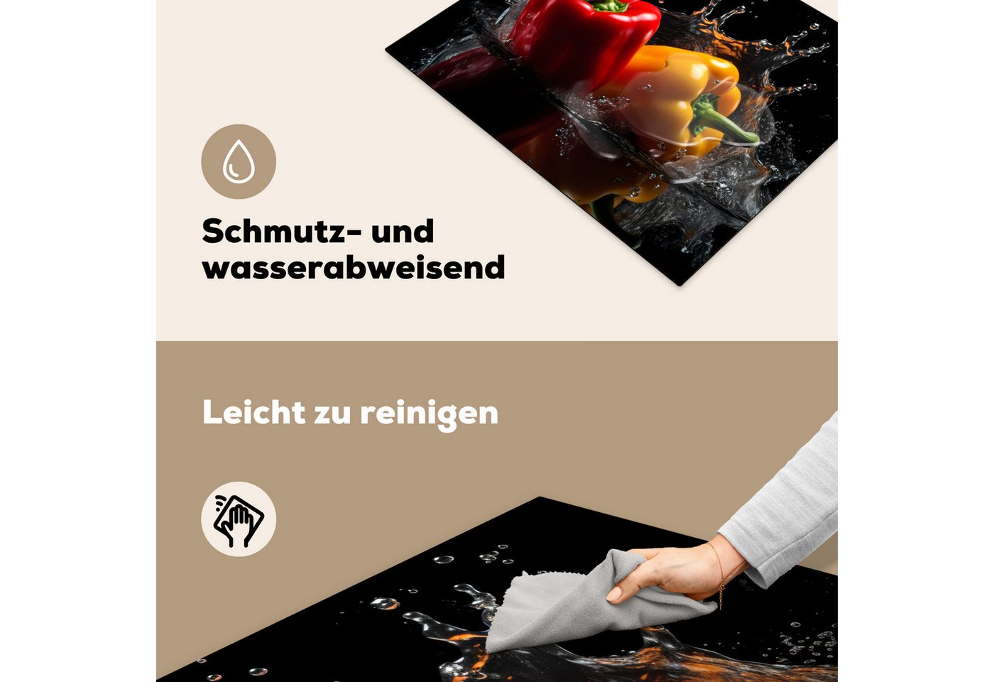MuchoWow Herd-Abdeckplatte Paprika - Wasser - Schwarz - Gemüse - Rot - Gelb, Vinyl, (1 tlg), Herdabdeckplatten für Ceranfeld, Induktionsschutz, 65x55 cm Bild 3
