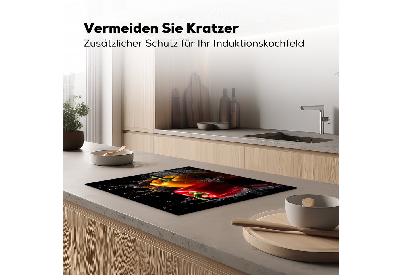 MuchoWow Herd-Abdeckplatte Paprika - Wasser - Schwarz - Gemüse - Rot - Gelb, Vinyl, (1 tlg), Herdabdeckplatten für Ceranfeld, Induktionsschutz, 65x55 cm Bild 4