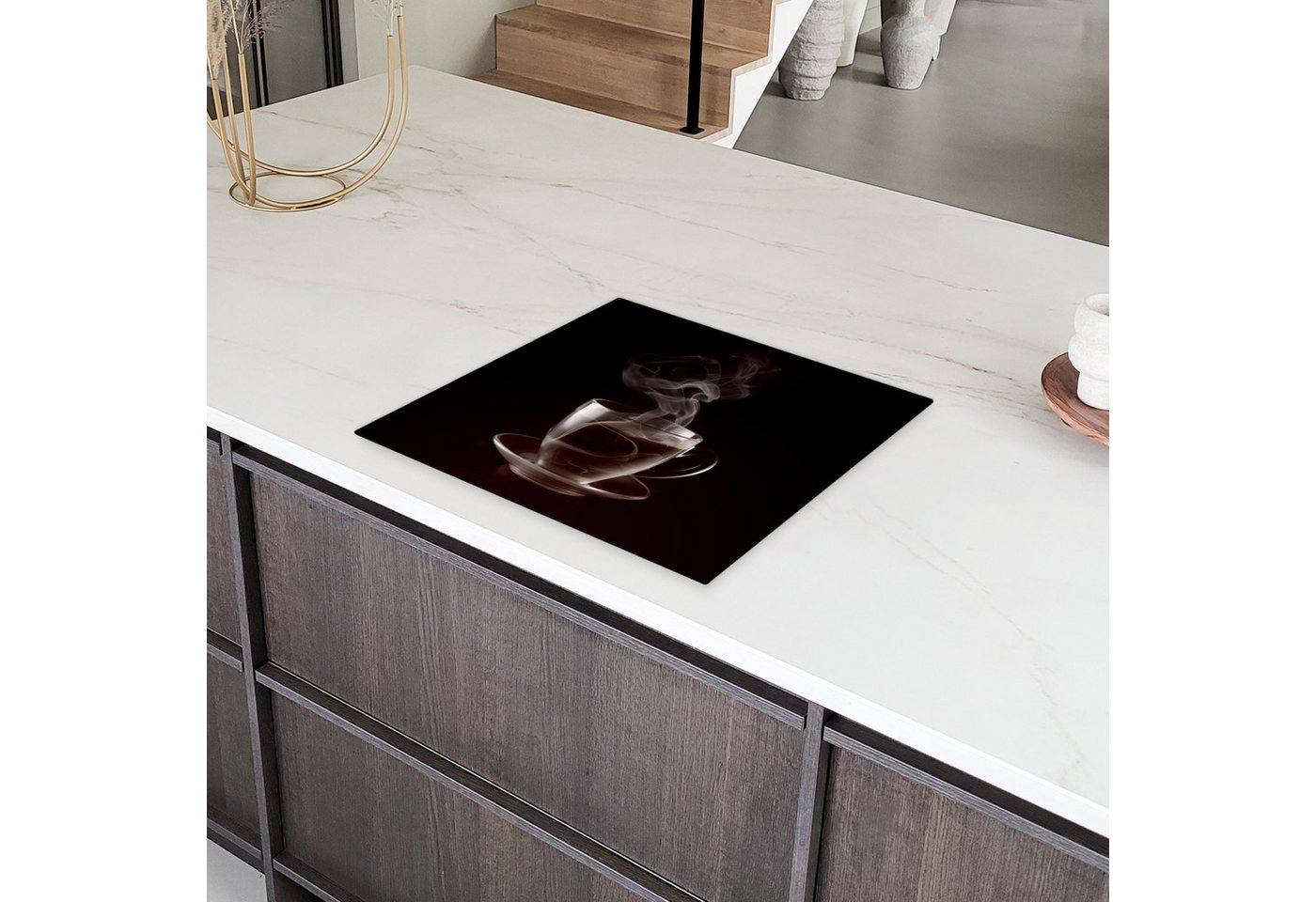 MuchoWow Herd-Abdeckplatte Tasse - Tee - Schwarz - Weiß, Vinyl, (1 tlg), Ceranfeldabdeckung Küche, Herdabdeckplatte Einteilig, 60x52 cm