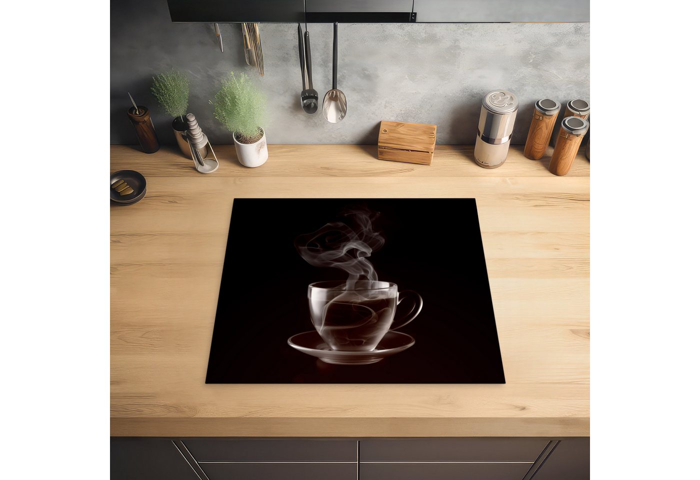 MuchoWow Herd-Abdeckplatte Tasse - Tee - Schwarz - Weiß, Vinyl, (1 tlg), Ceranfeldabdeckung Küche, Herdabdeckplatte Einteilig, 60x52 cm Bild 2