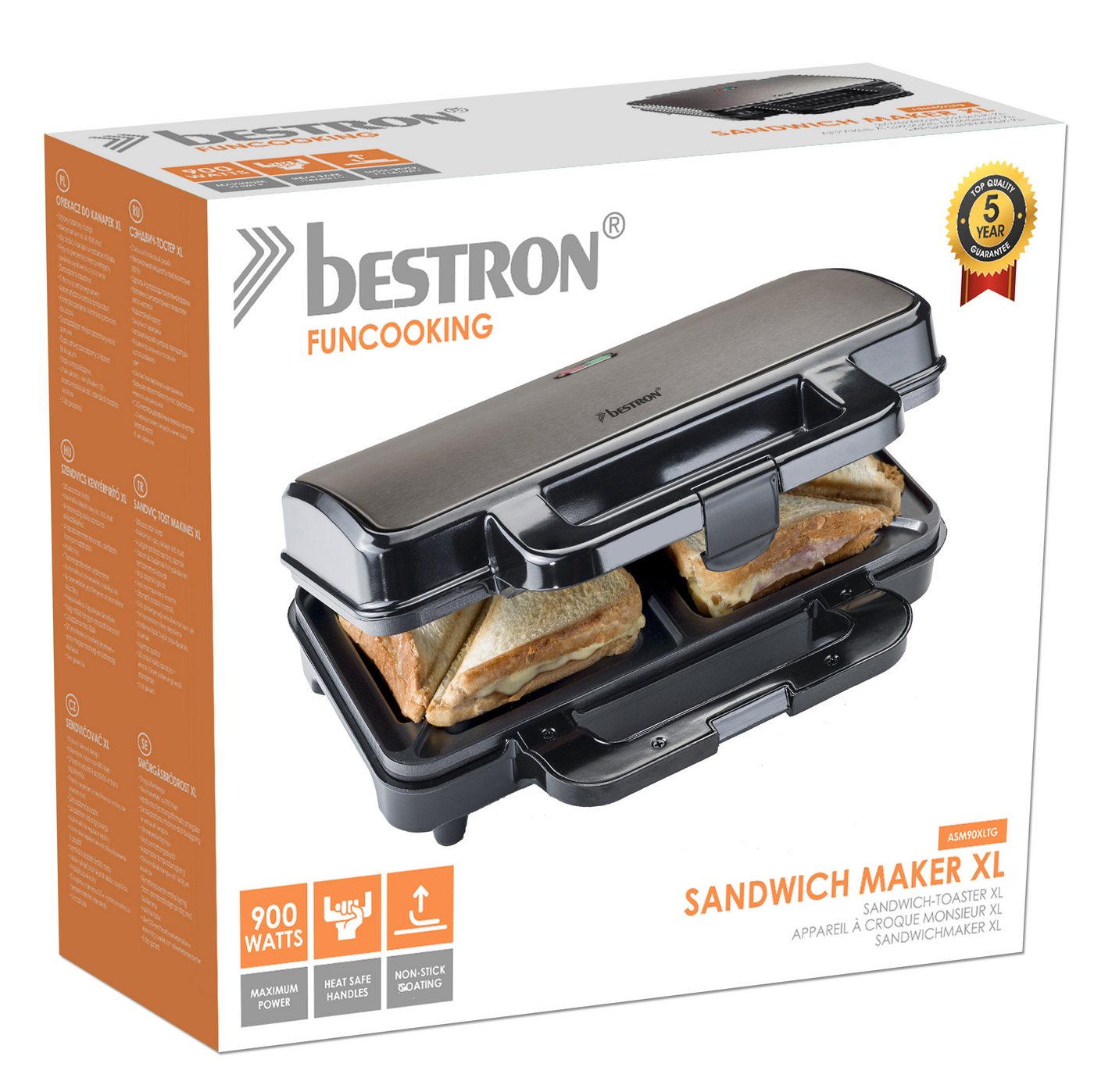 bestron Sandwichmaker ASM90XL, 900 W, Abschaltautomatik, hitzebeständiges Gehäuse, Antihaftbeschichtung Bild 2