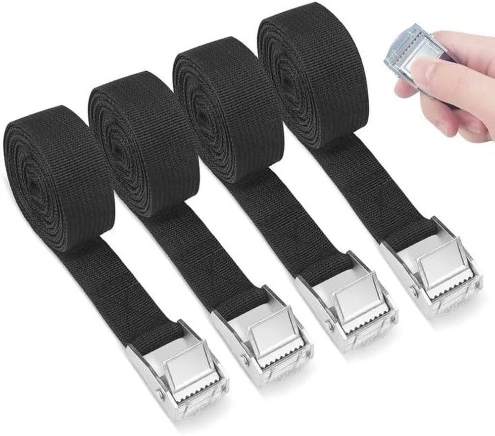 Zengi Spanngurt Spanngurte 4er Set 3 m × 25 mm Polyester mit Klemmschloss Schwarz (Set, 4-St., 4 Spanngurte mit Klemmschloss) verstellbar, wiederverwendbar, korrosionsfest, ohne Knoten, schonend