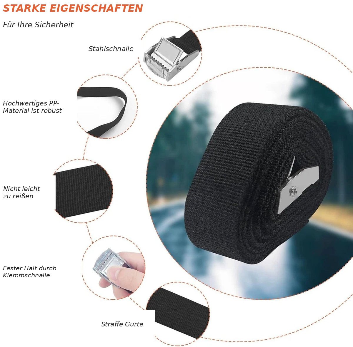 Zengi Spanngurt Spanngurte 4er Set 3 m × 25 mm Polyester mit Klemmschloss Schwarz (Set, 4-St., 4 Spanngurte mit Klemmschloss) verstellbar, wiederverwendbar, korrosionsfest, ohne Knoten, schonend Bild 3