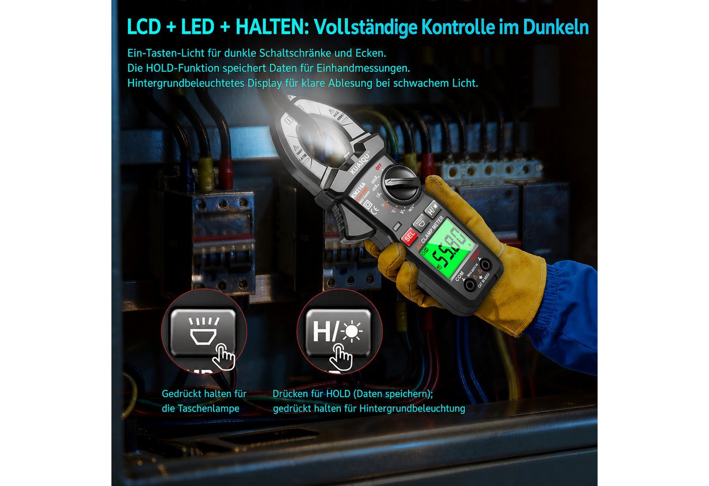 BBWL Multimeter AC-Zangenmultimeter 600A mit NCV, LED-Taschenlampe, LCD-HOLD für sichere Elektrodiagnose im Haushalt Bild 2