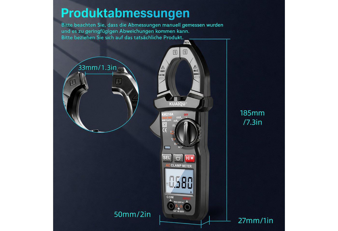 BBWL Multimeter AC-Zangenmultimeter 600A mit NCV, LED-Taschenlampe, LCD-HOLD für sichere Elektrodiagnose im Haushalt Bild 4